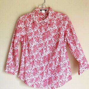 J. Crew Stretch Cotton Red White Paisley Form Fit Shirt w/ 3/4 Cuffed Sleeve SzM